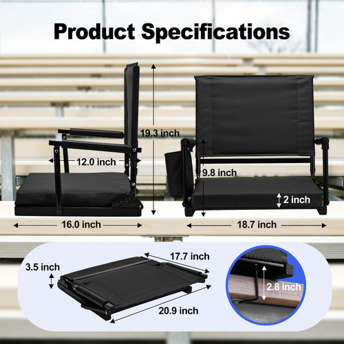 2 Packs Foldable Stadium Seats with Adjustable Backrest and Cup Holders Black F661796