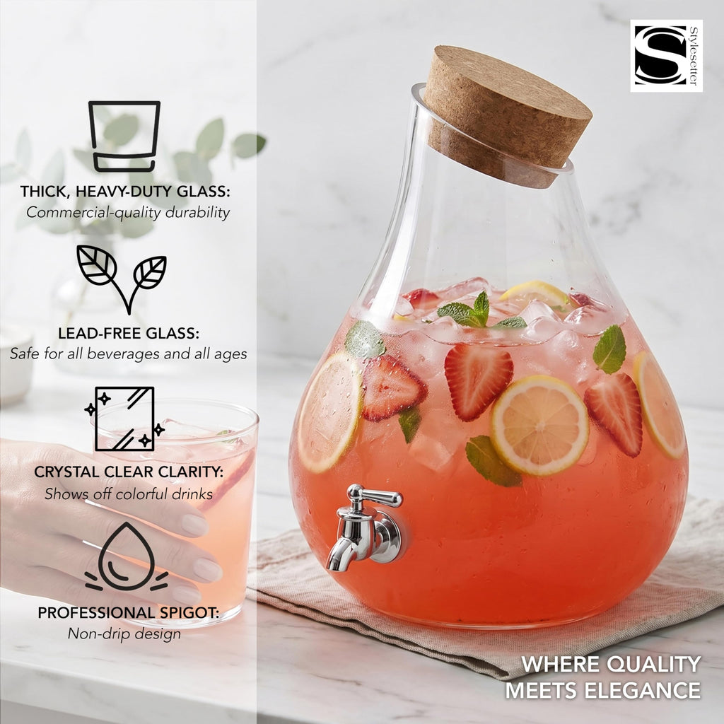 Glass Beverage Dispenser with Cork Lid and Stand 2.5 Gal V35709