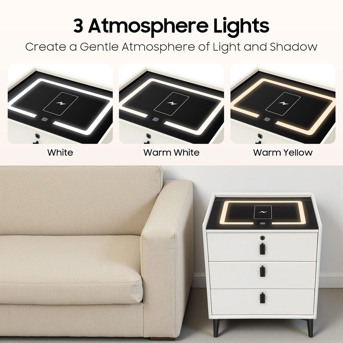 3 Drawer Smart Nightstand with Bluetooth Speaker USB Charging T5477