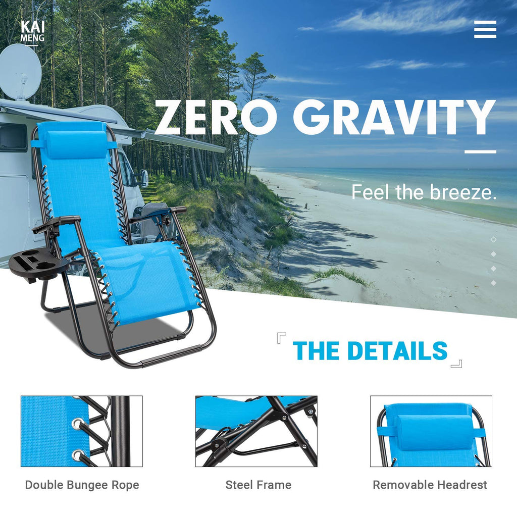 Blue Set of 2 Adjustable Folding Lounge Chair with Pillows and Cup Holders O3092