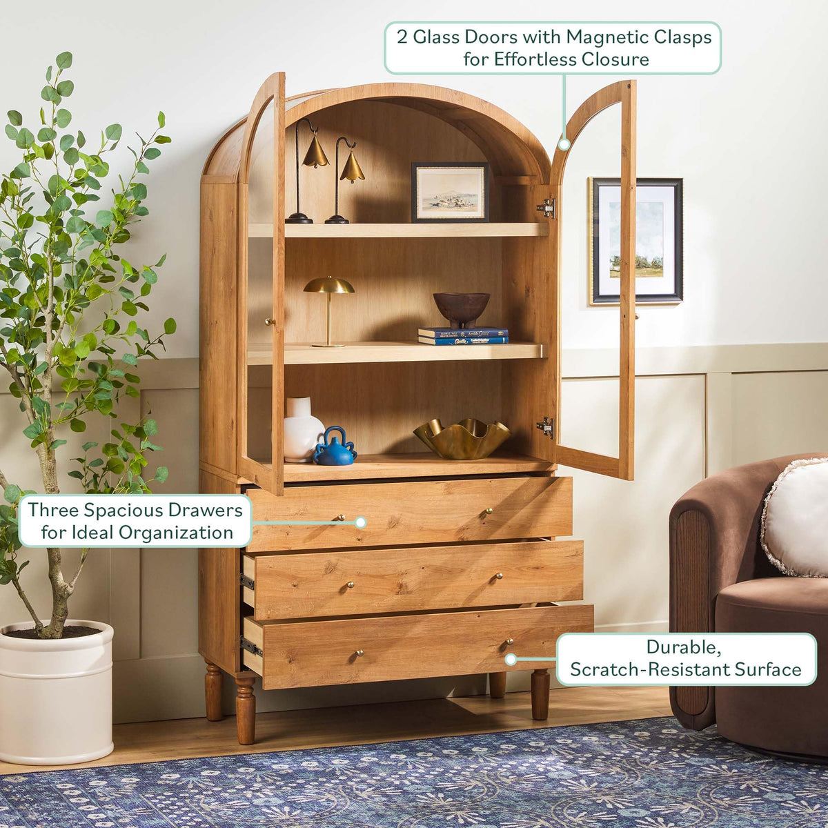 74 Inch English Oak Bookshelf Cabinet with Glass Doors O268122
