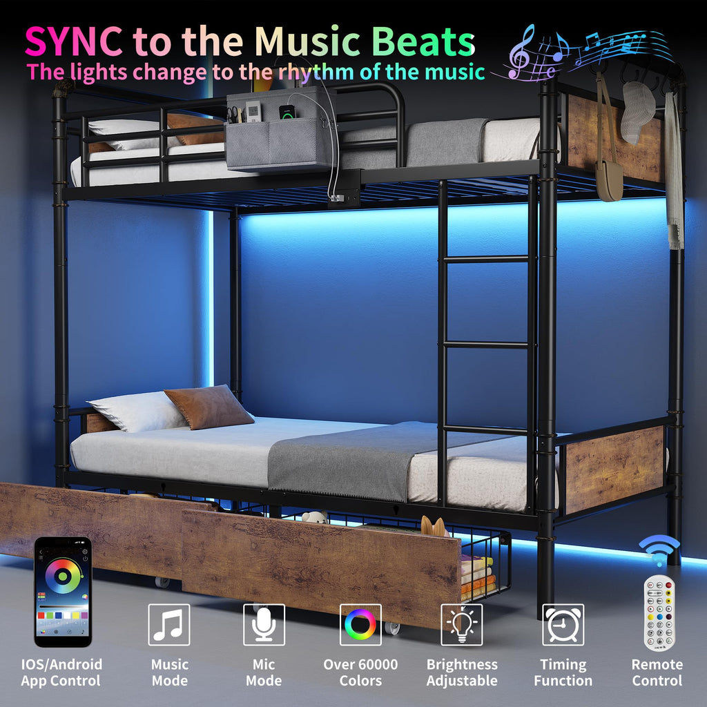 Metal LED Bunk Bed Twin Over Twin with 2 Storage Drawers O8181