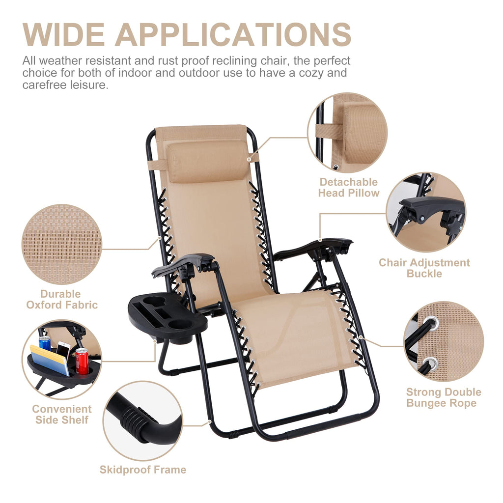 Zero Gravity Chair Set of 2 Folding Recliner with Cup Holder Tray and Pillow T5551
