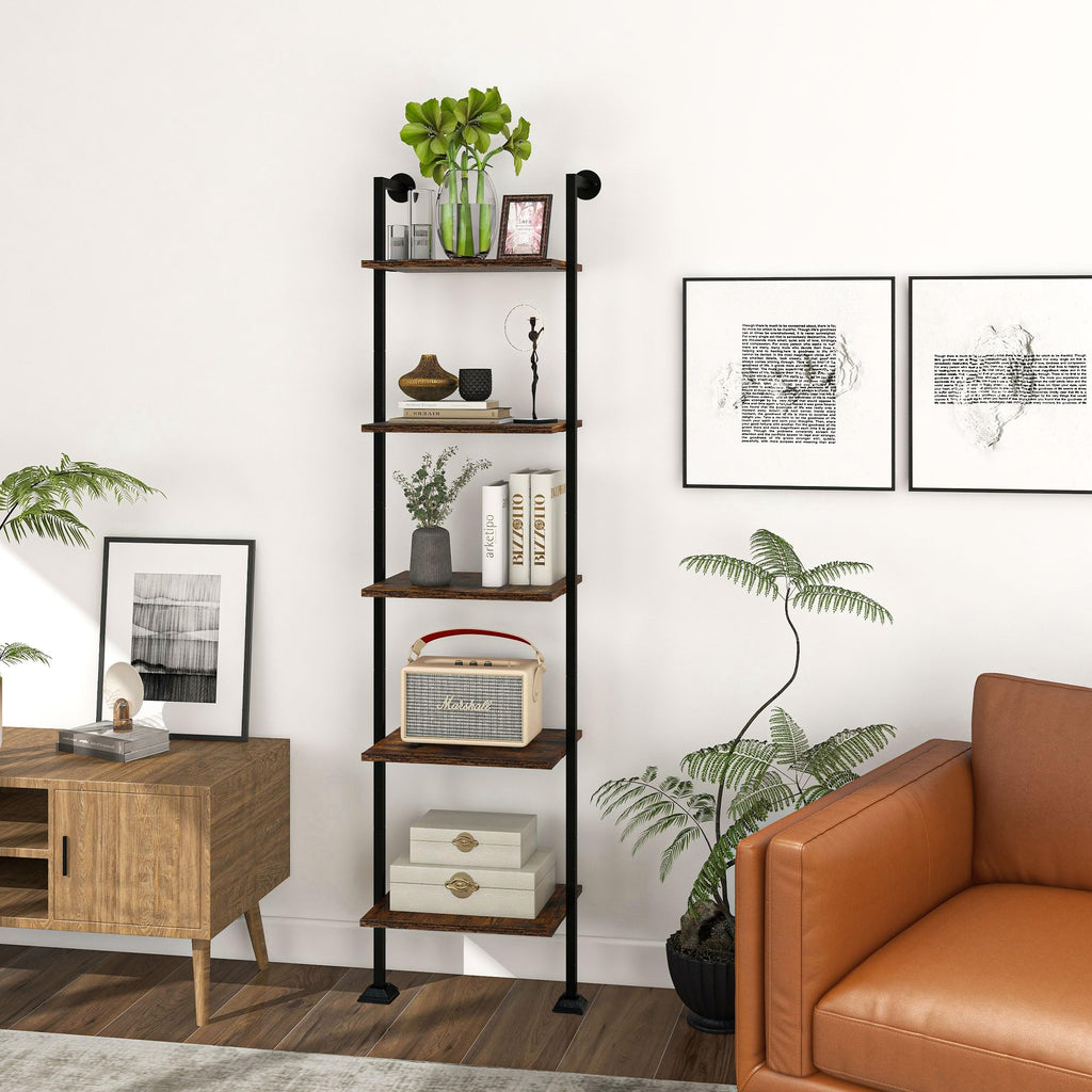 5-Tier Ladder Shelf Black Metal Frame Rustic Brown Q764450