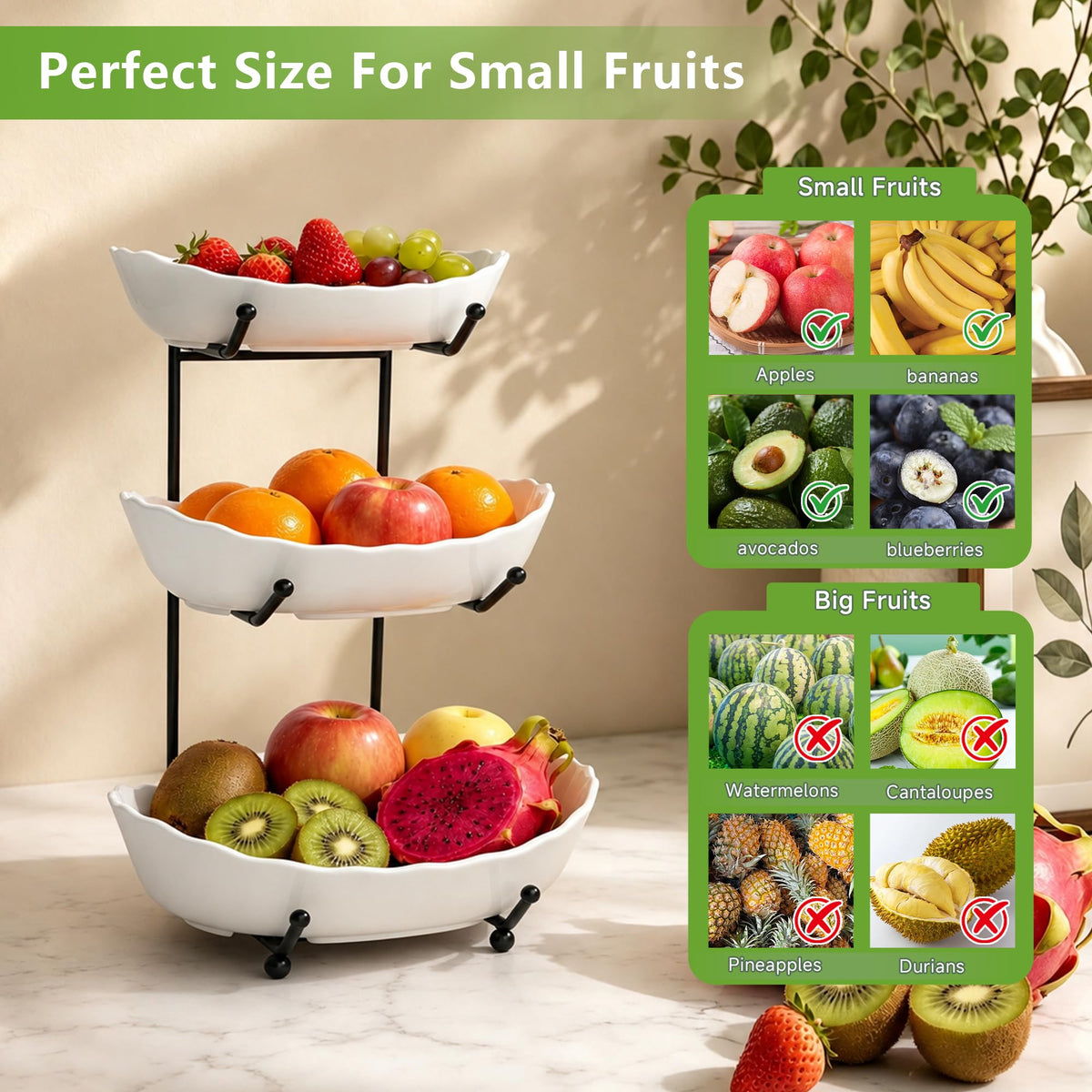 3 Tier Ceramic Fruit Bowl with Metal Stand P8228
