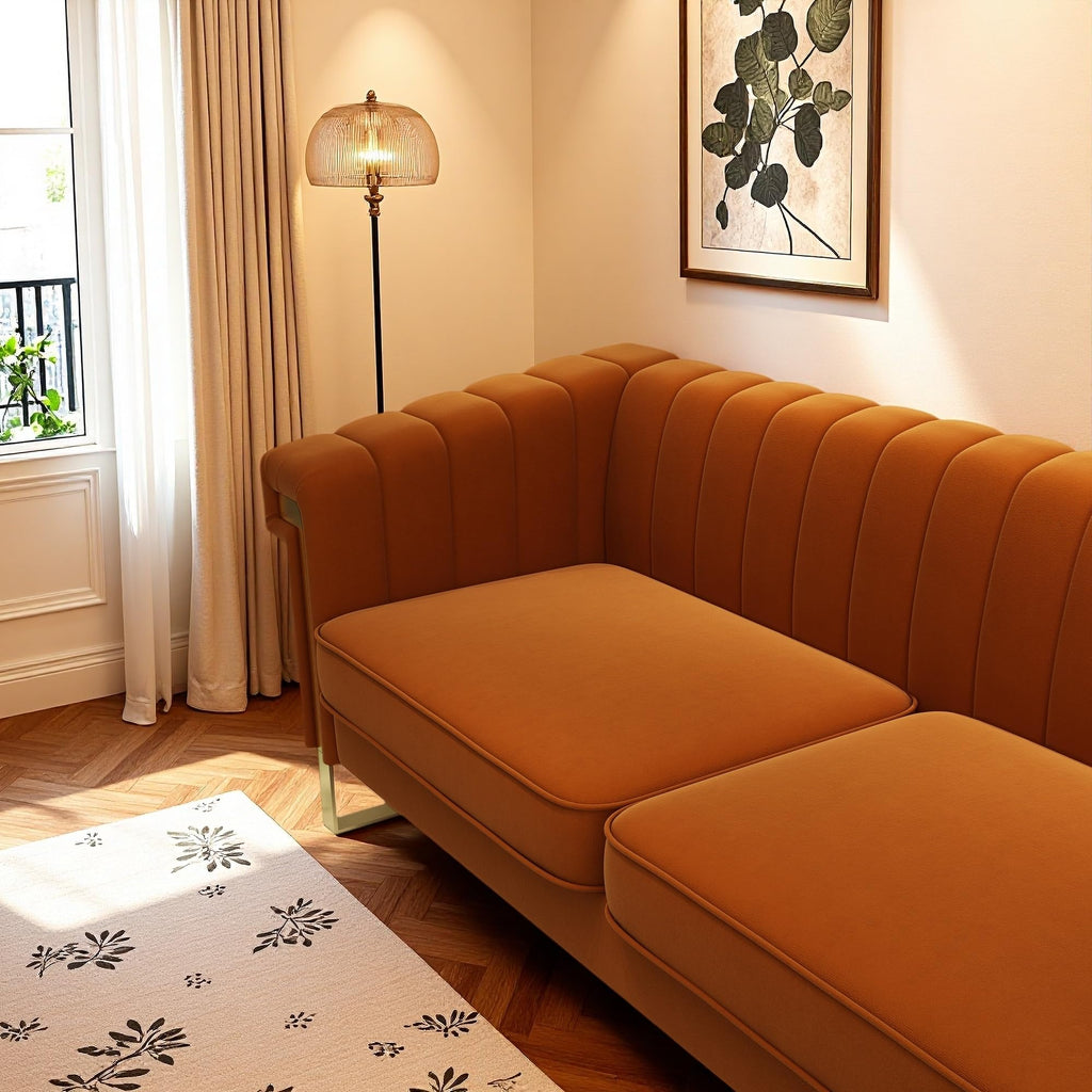 Orange Velvet 3-Seater Sofa with Armrest Y609