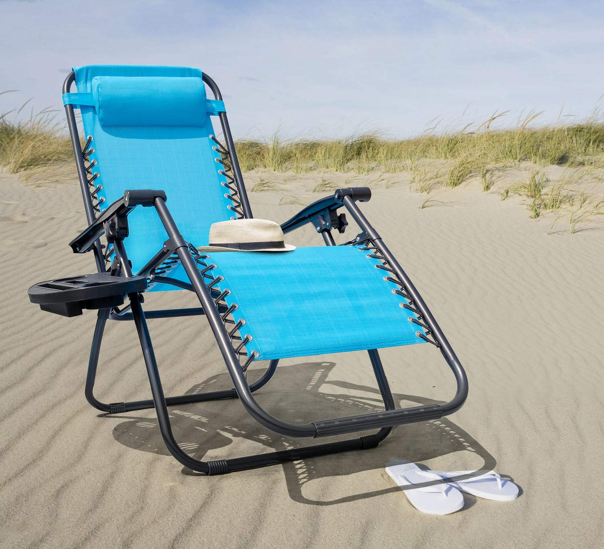 Blue Set of 2 Adjustable Folding Lounge Chair with Pillows and Cup Holders O3092