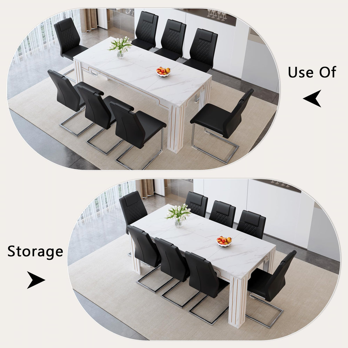 9-Piece Walnut Wood Grain Dining Table Set with 8 Black PU Leather Chairs B45365