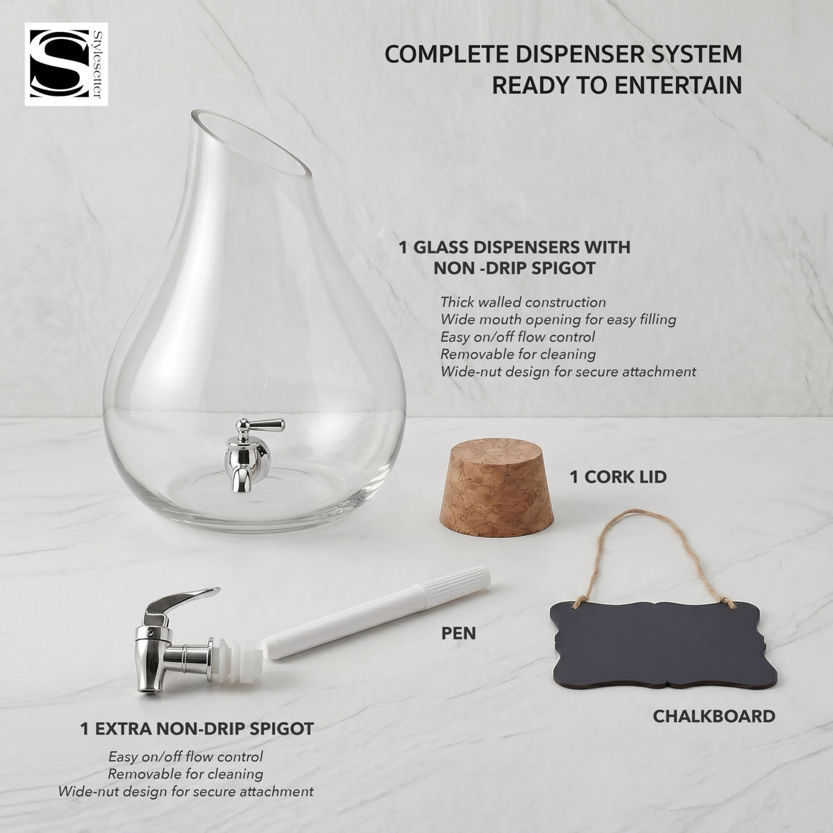 Glass Beverage Dispenser with Cork Lid and Stand 2.5 Gal V35709