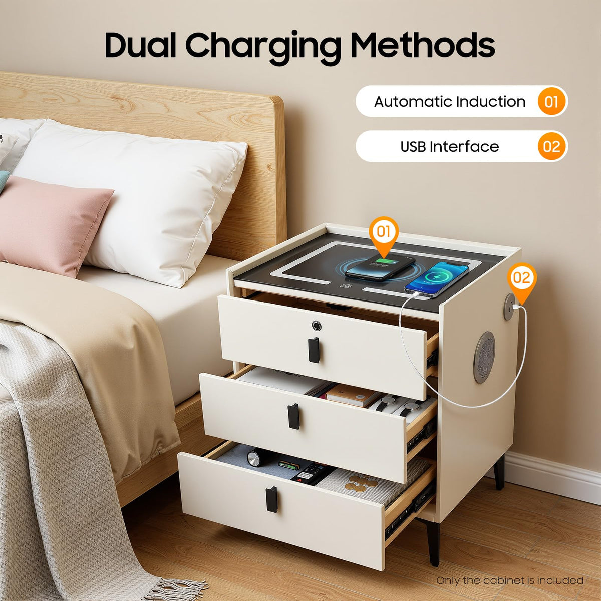 3 Drawer Smart Nightstand with Bluetooth Speaker USB Charging T5477