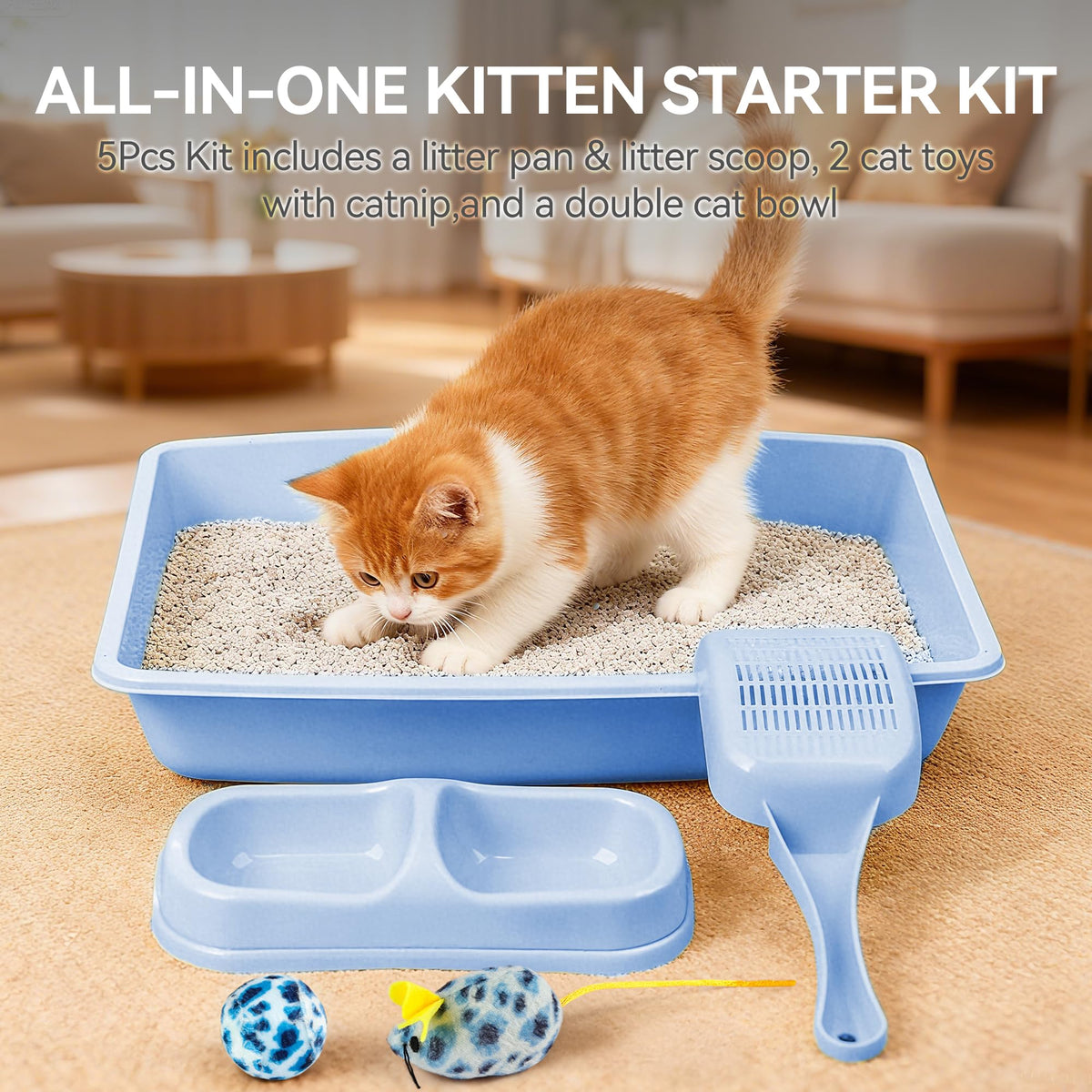 Cat Litter Box Set with Litter Scoop, Double Dish Cat Bowl, Mouse and Ball Toy L285