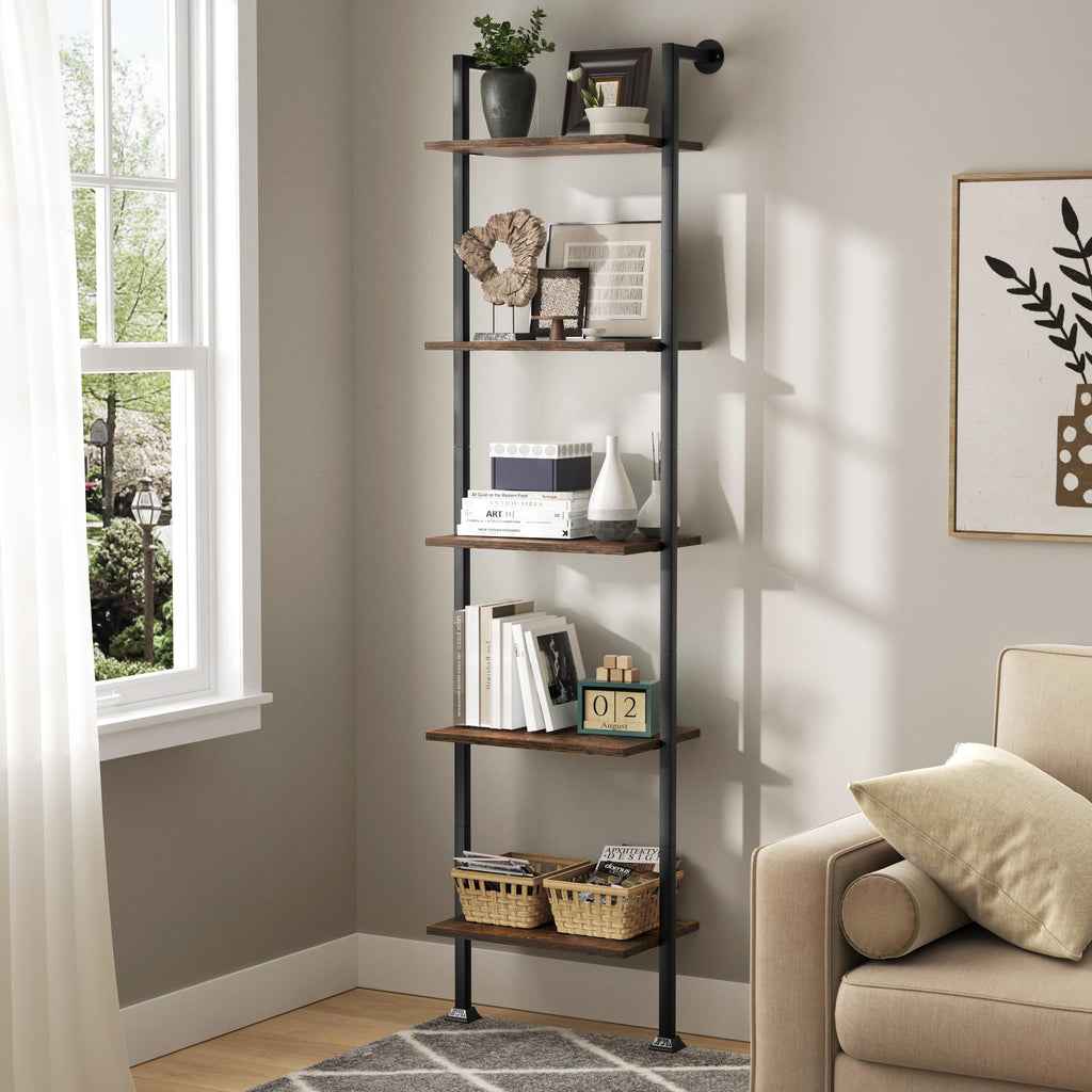 5-Tier Ladder Shelf Black Metal Frame Rustic Brown Q764450