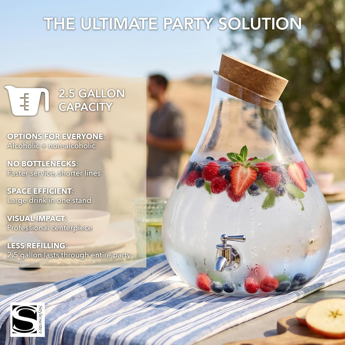 Glass Beverage Dispenser with Cork Lid and Stand 2.5 Gal V35709