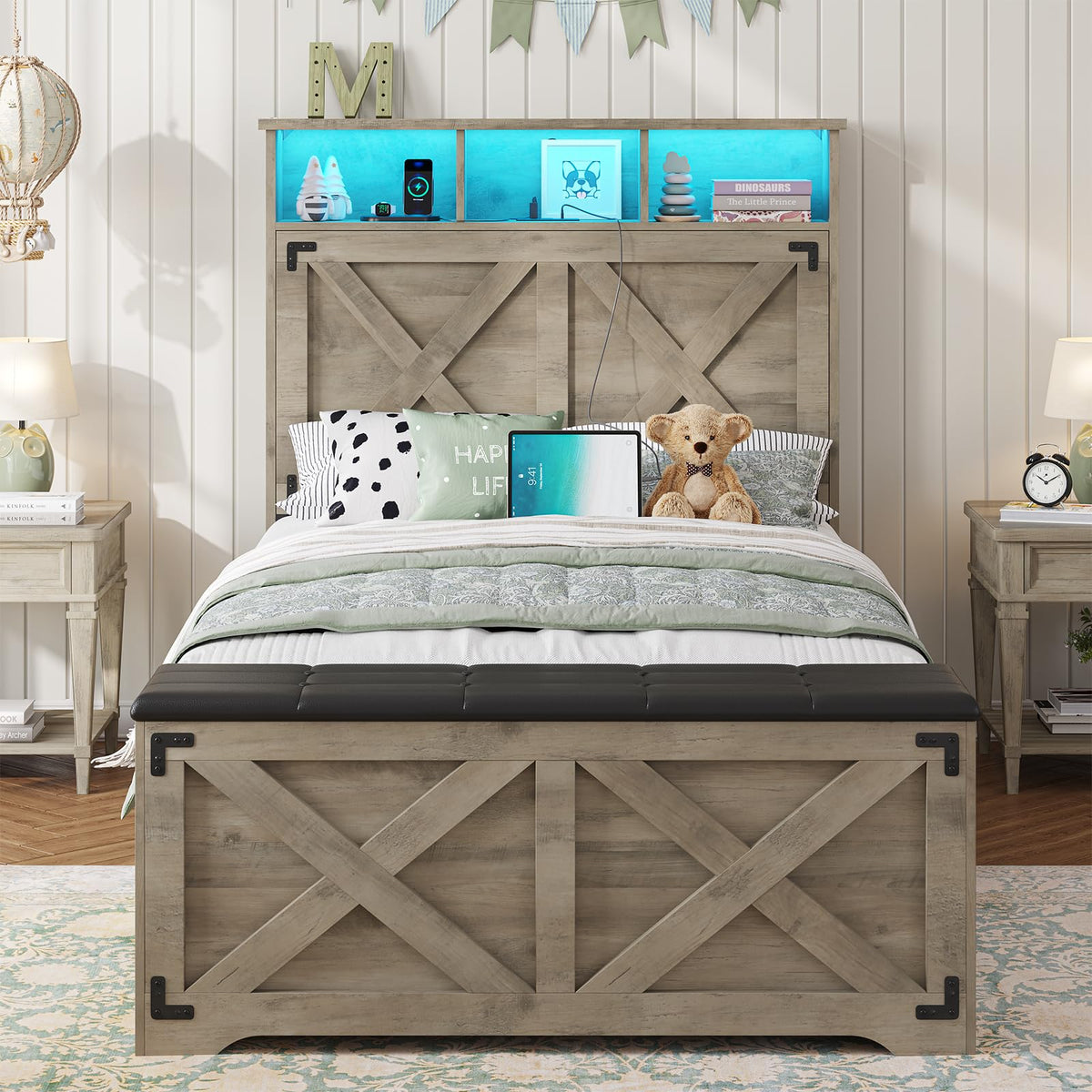Oak Gray Wood Twin Size Bed Frame with Storage Headboard and Charging Station O421944