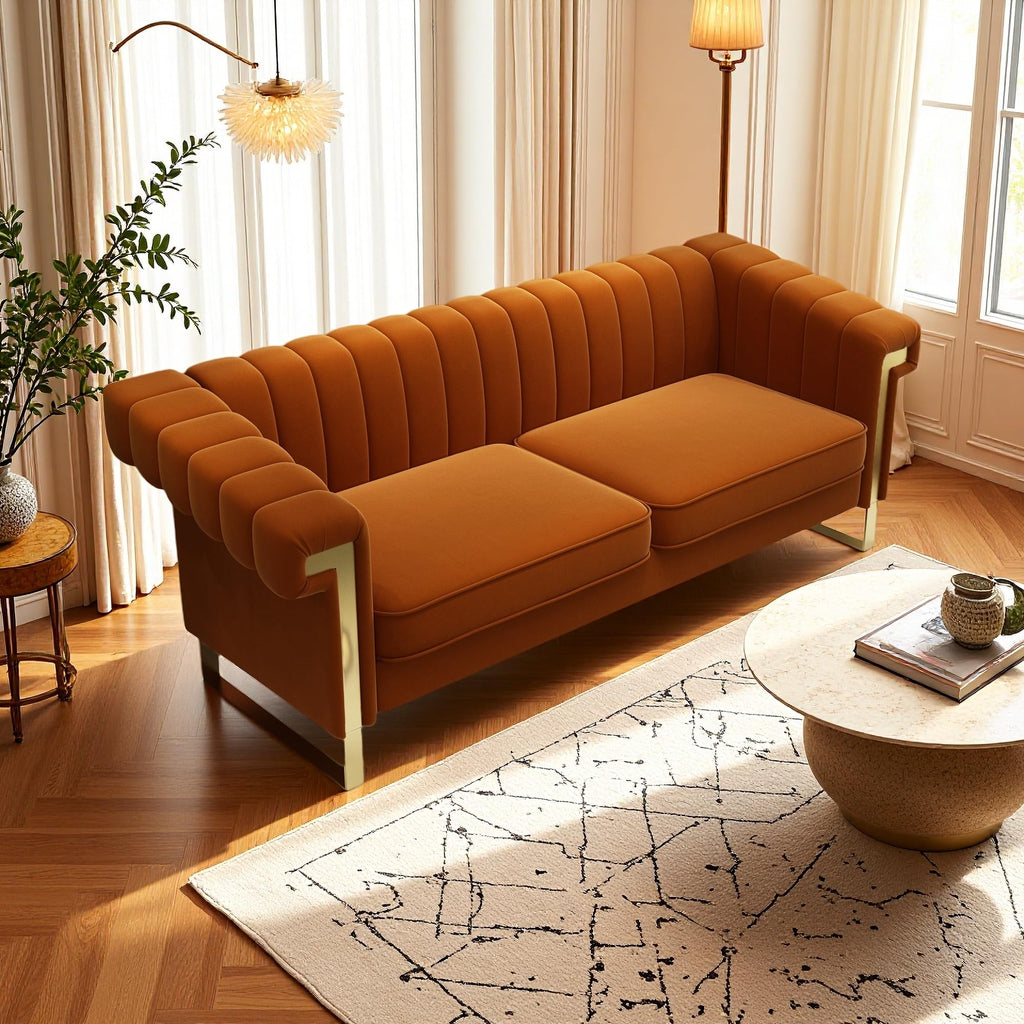 Orange Velvet 3-Seater Sofa with Armrest Y609