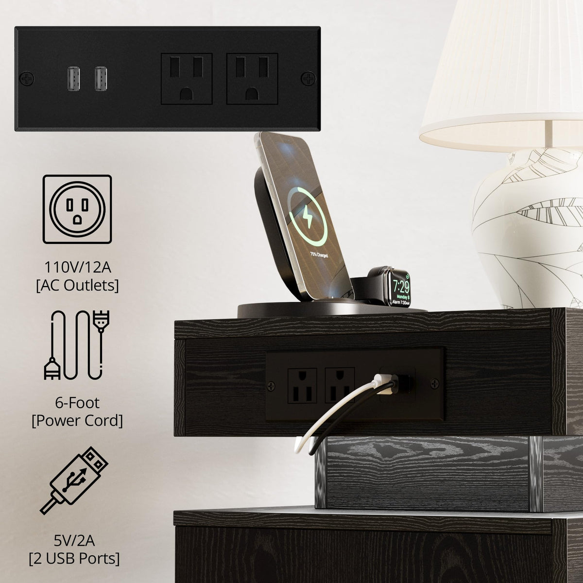 Black 3 Drawer Nightstand with Charging Station Z947