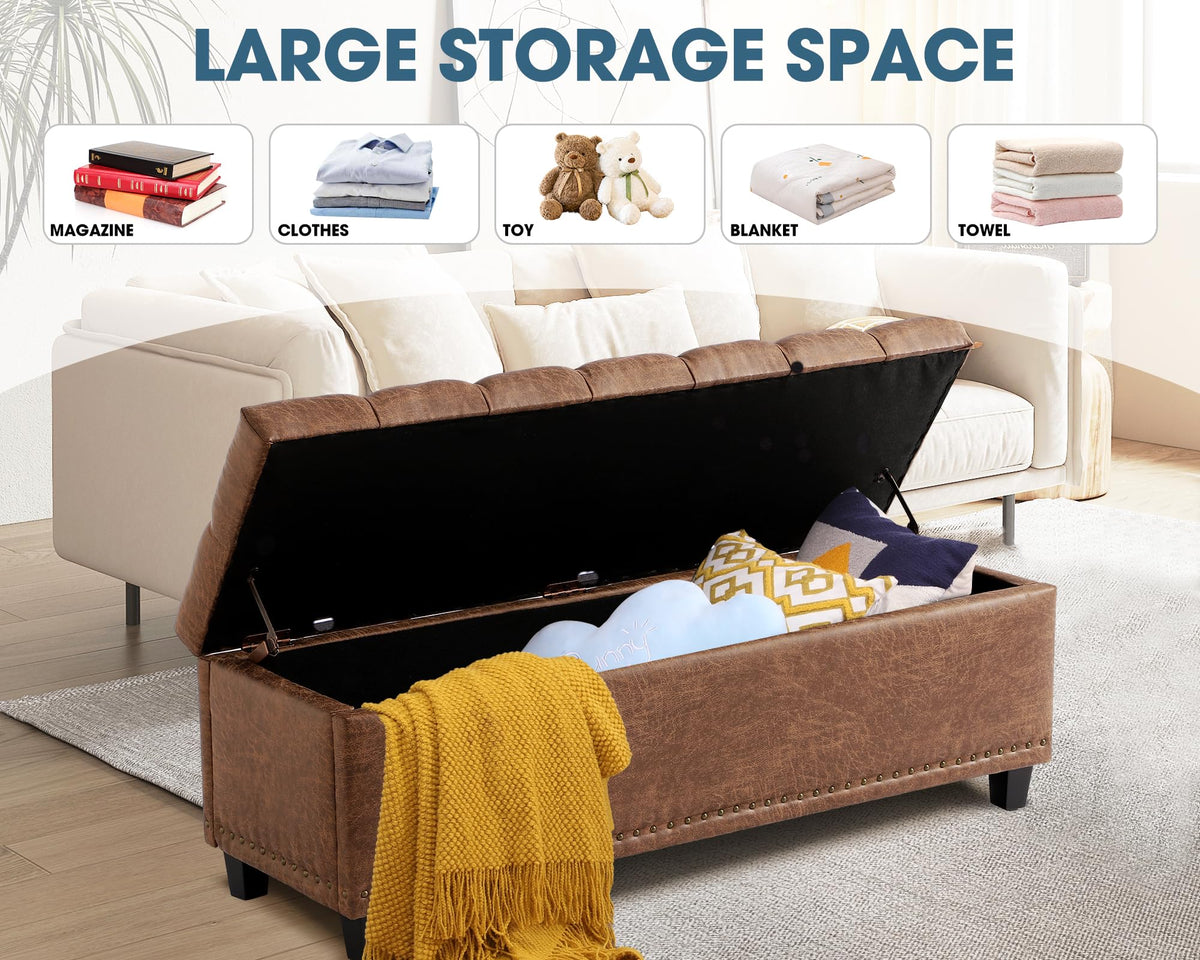 51" Brown Button-Tufted Storage Bench V933068