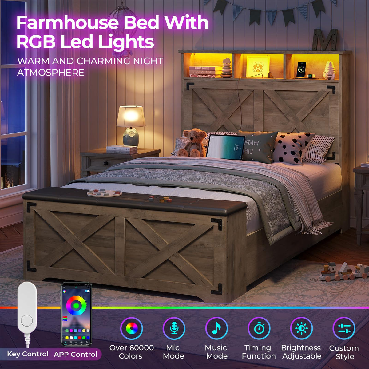 Oak Gray Wood Twin Size Bed Frame with Storage Headboard and Charging Station O421944