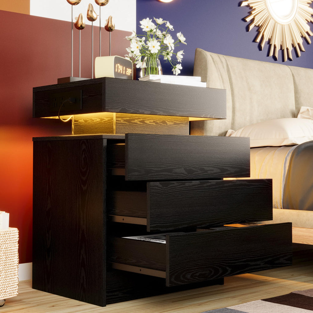 Black 3 Drawer Nightstand with Charging Station Z947
