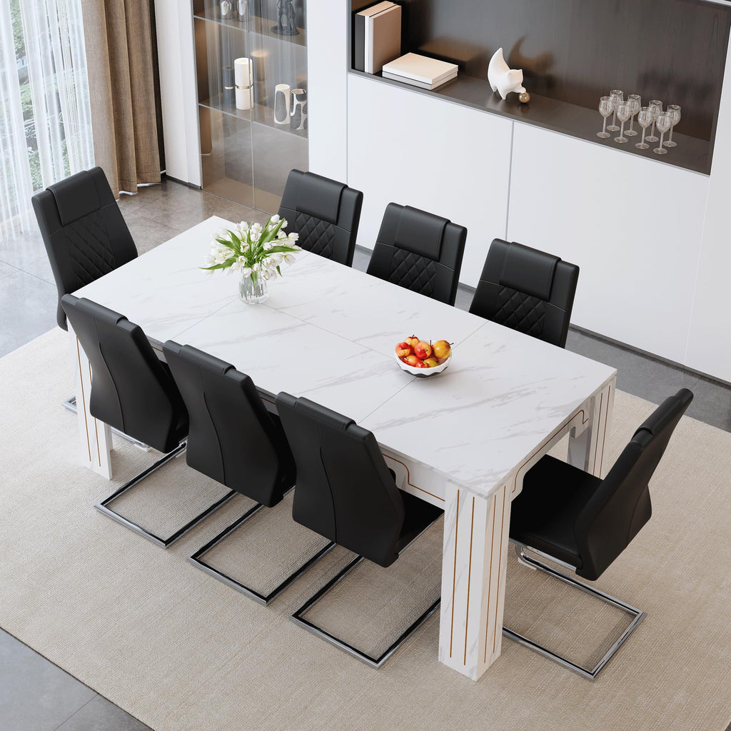 9-Piece Walnut Wood Grain Dining Table Set with 8 Black PU Leather Chairs B45365