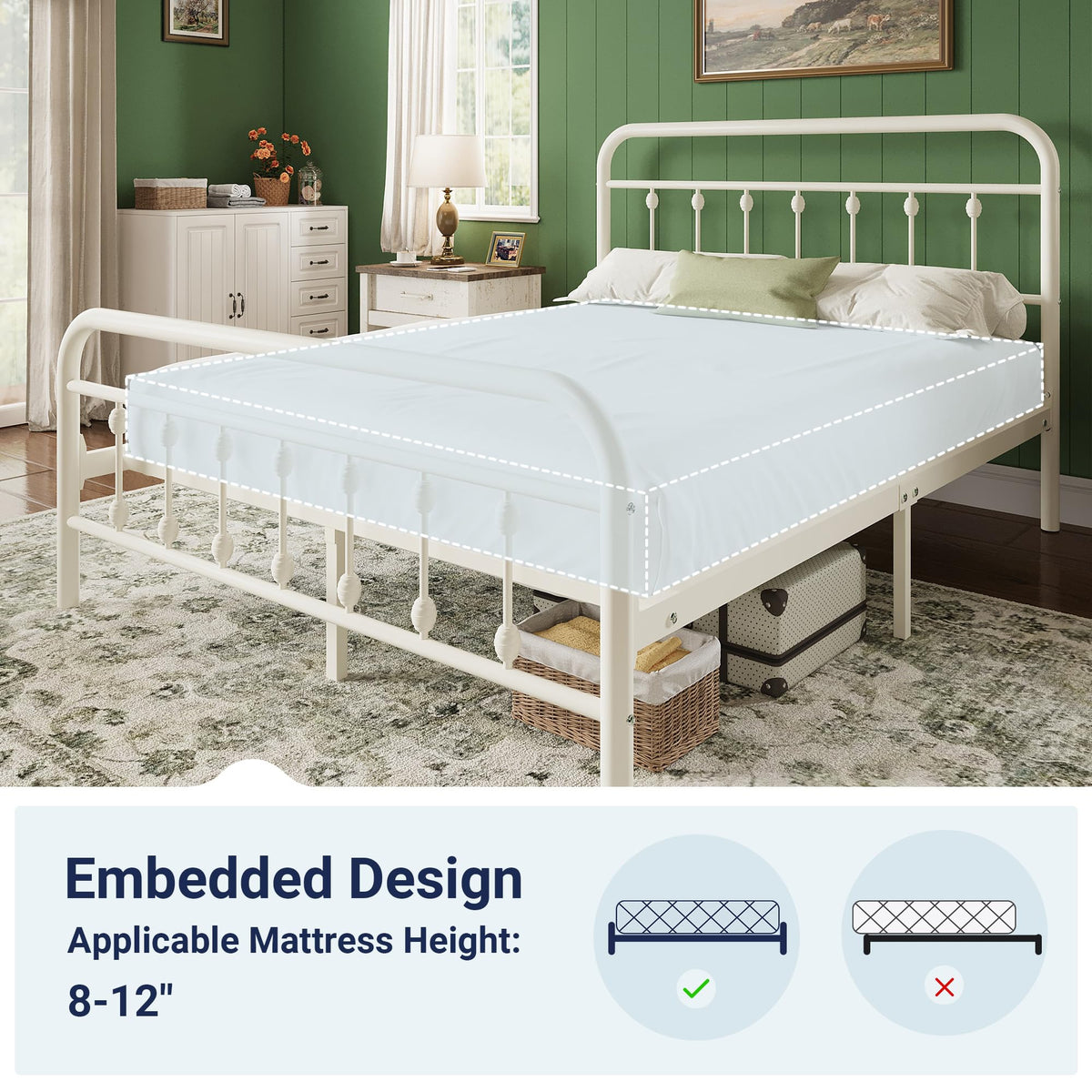 14 Inches Full Size Off White Metal Platform Bed Frame A62057