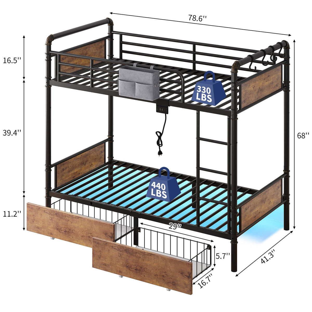 Metal LED Bunk Bed Twin Over Twin with 2 Storage Drawers O8181