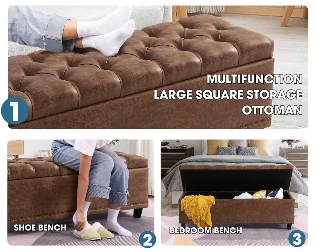 51" Brown Button-Tufted Storage Bench V933068