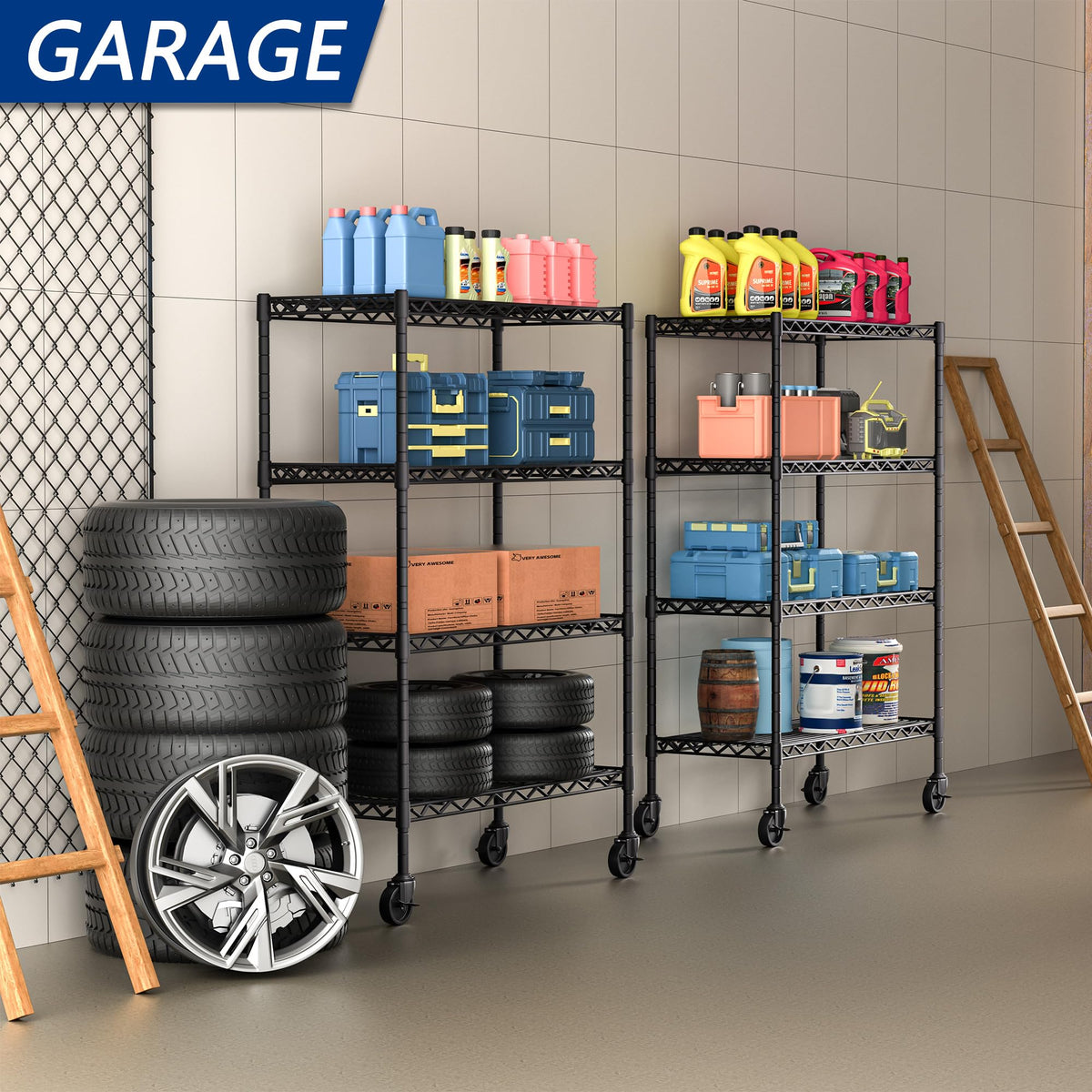 4-Shelf Adjustable Metal Storage Shelving Unit on Wheels, Black E525834