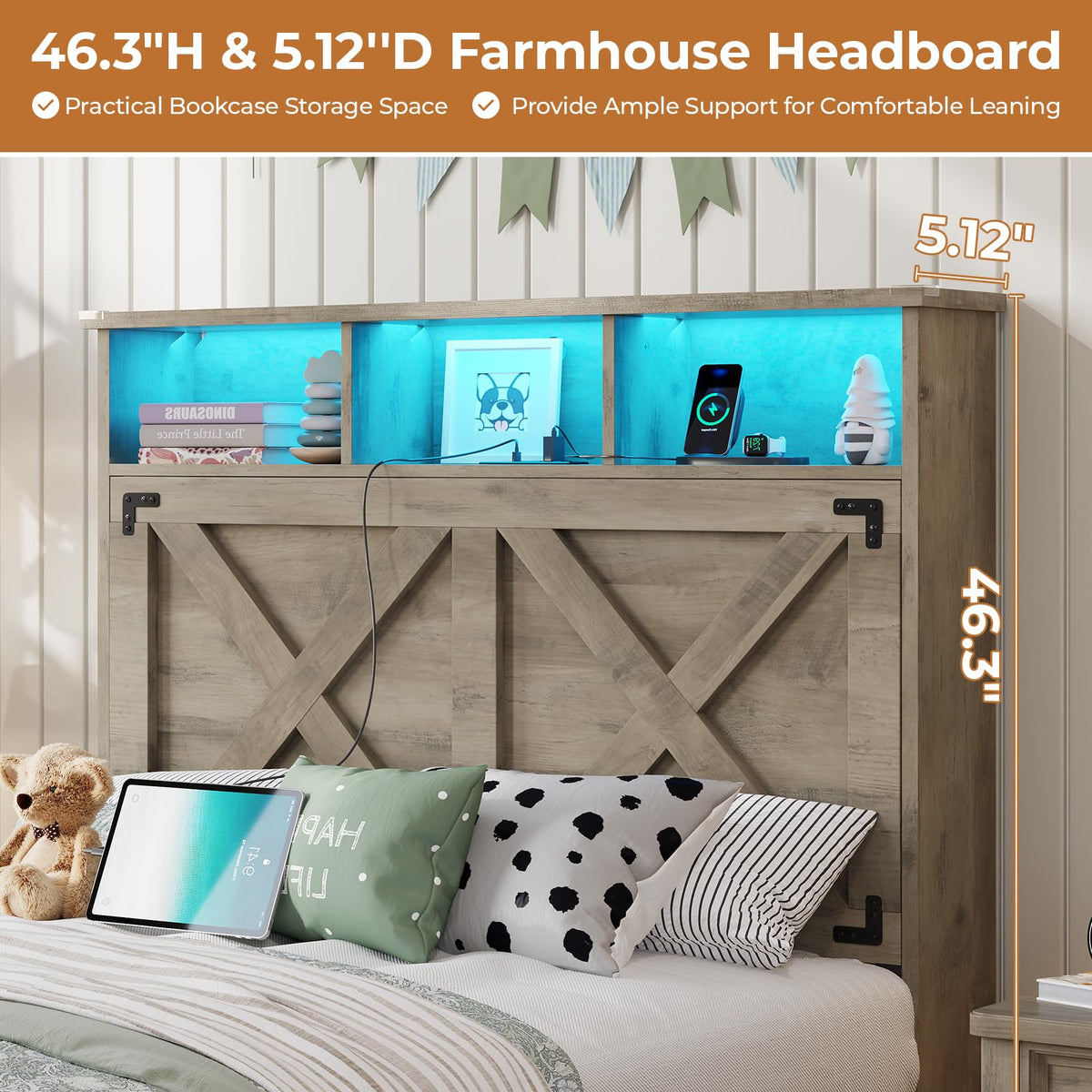 Oak Gray Wood Twin Size Bed Frame with Storage Headboard and Charging Station O421944