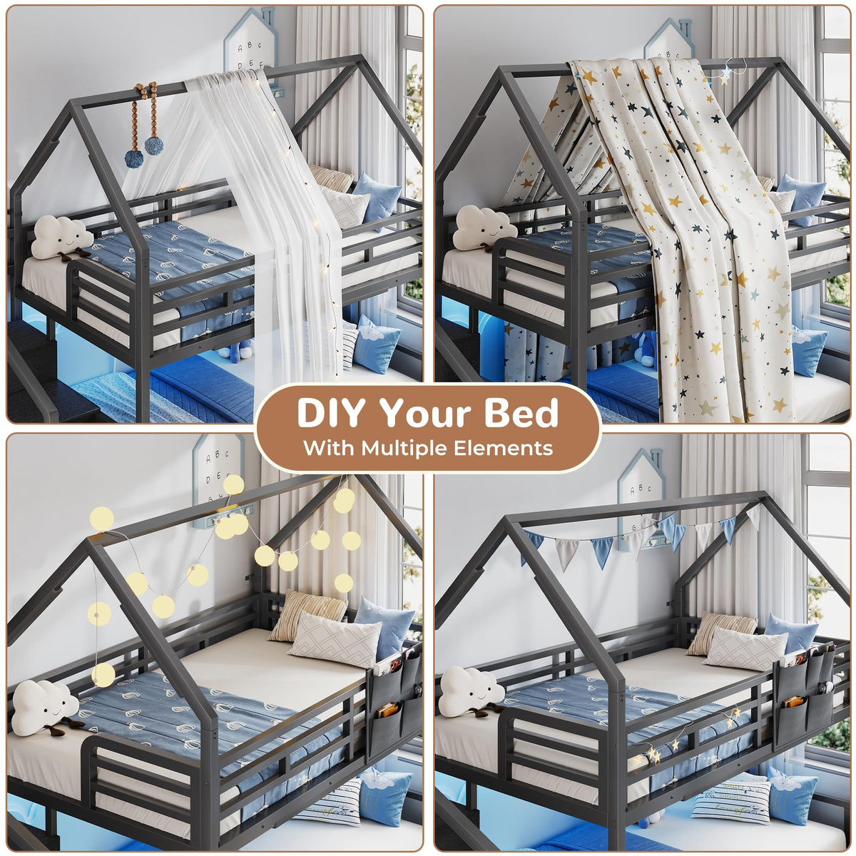 Black Twin Over Twin Metal Bunk Bed with Storage Staircase P6531