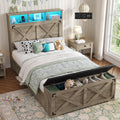 Oak Gray Wood Twin Size Bed Frame with Storage Headboard and Charging Station O421944
