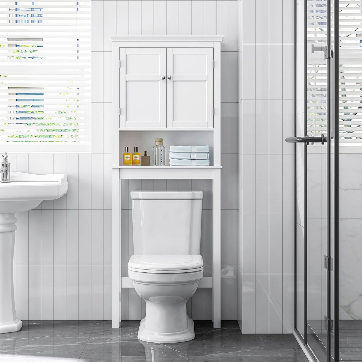 Over the Toilet Storage Cabinet with Doors and Adjustable Shelf I618944