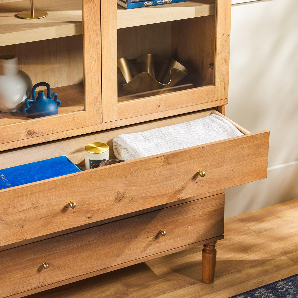 74 Inch English Oak Bookshelf Cabinet with Glass Doors O268122