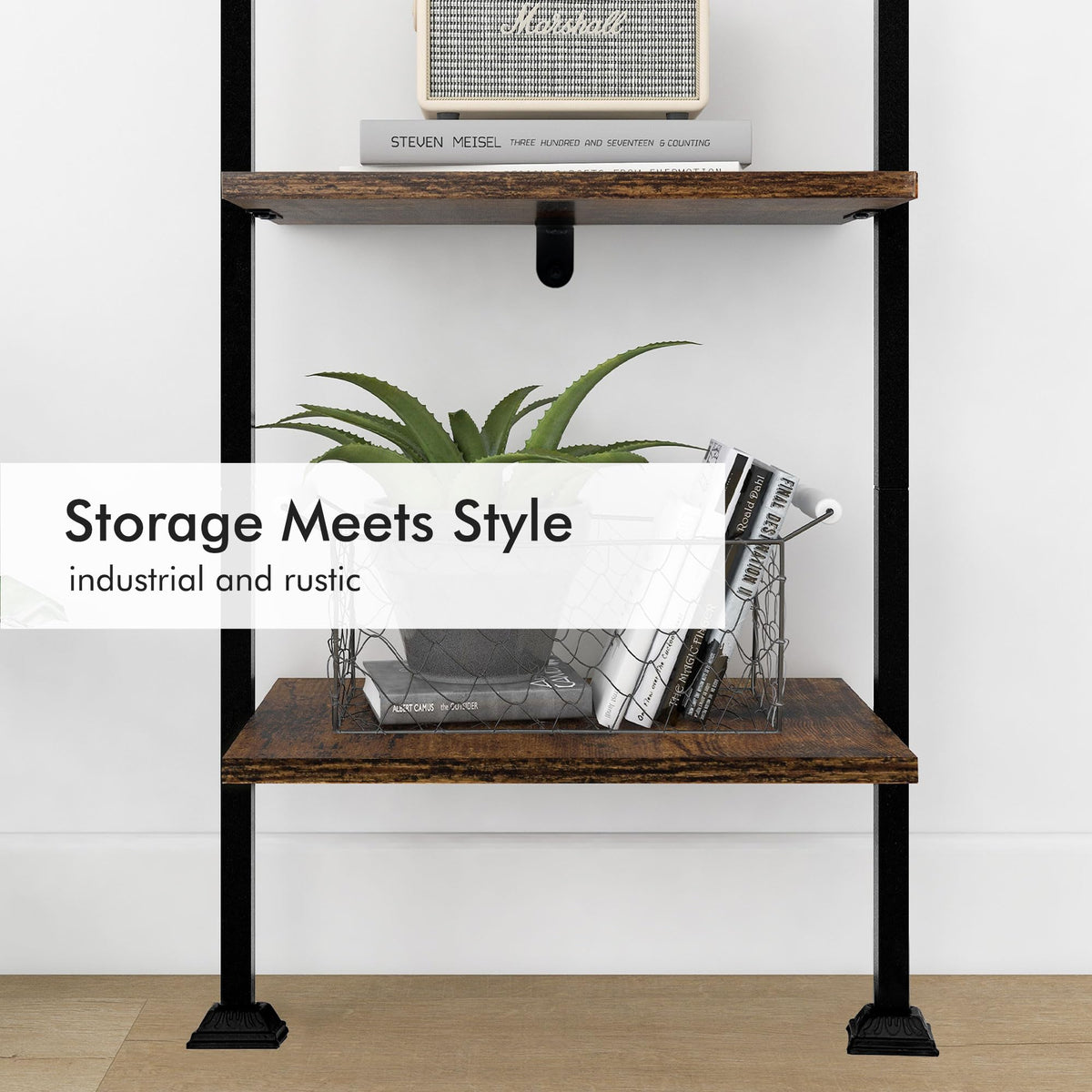 5-Tier Ladder Shelf Black Metal Frame Rustic Brown Q764450