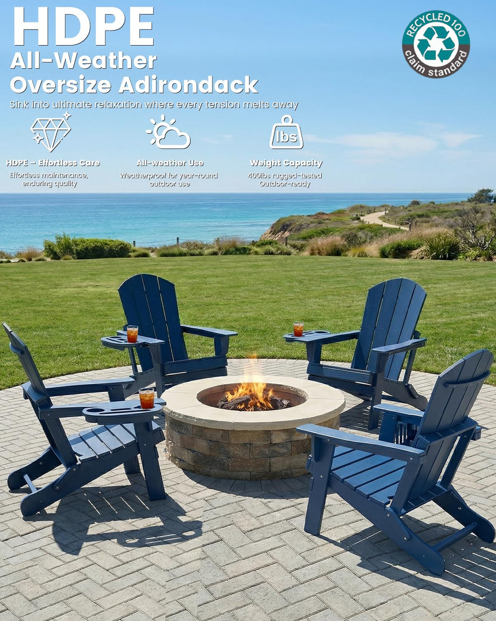 Folding Adirondack Chair Set of 8 with Cup Holder W7096