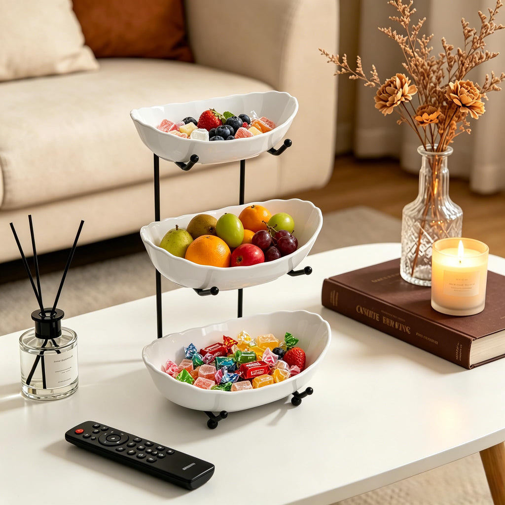 3 Tier Ceramic Fruit Bowl with Metal Stand P8228