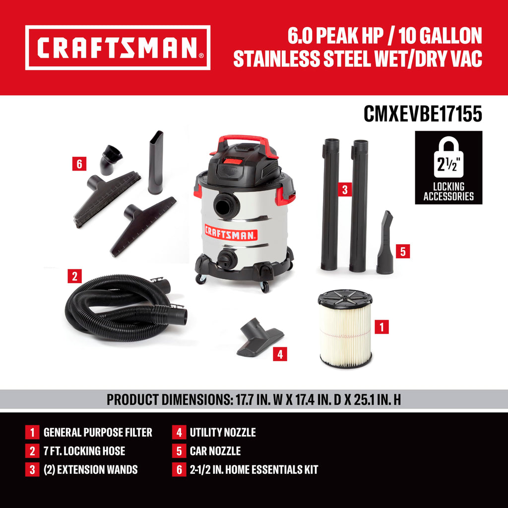10 Gallon 6.0 Peak HP Stainless Steel Vacuum W436