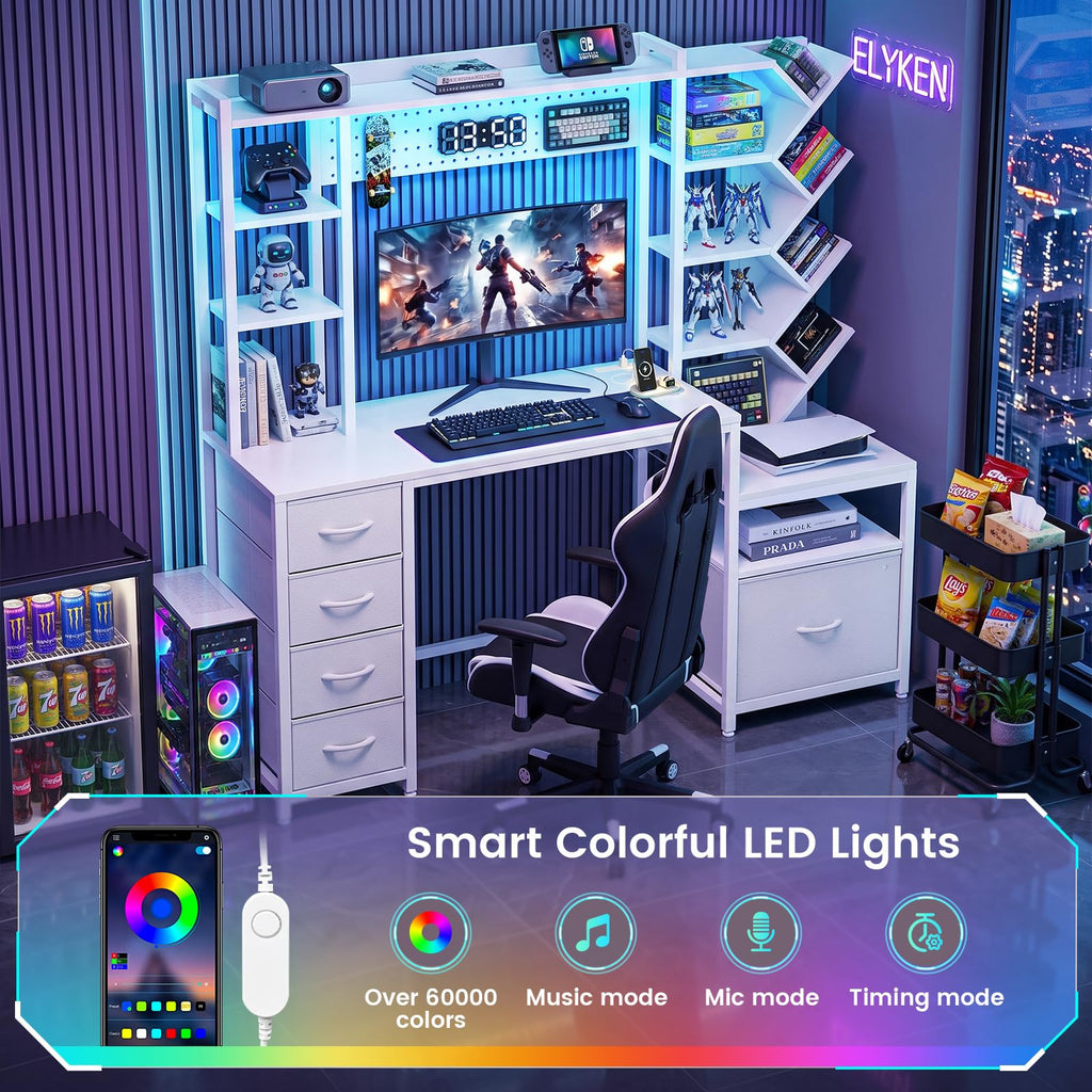 61.4" Computer Desk with Bookshelf, 5 Drawers, Hutch, Outlet, LED B1579