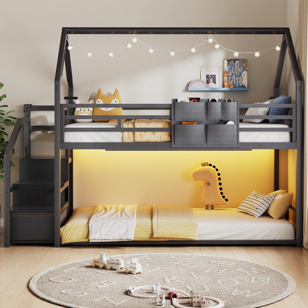 Black Twin Over Twin Metal Bunk Bed with Storage Staircase P6531