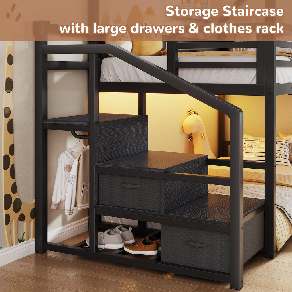 Black Twin Over Twin Metal Bunk Bed with Storage Staircase P6531