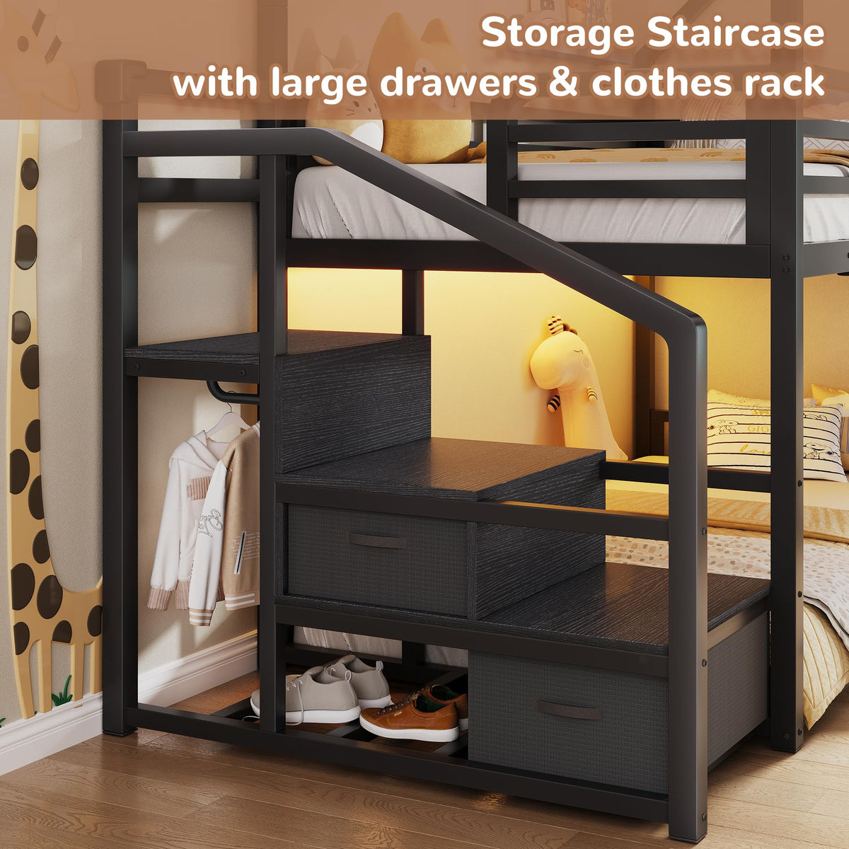 Black Twin Over Twin Metal Bunk Bed with Storage Staircase P6531