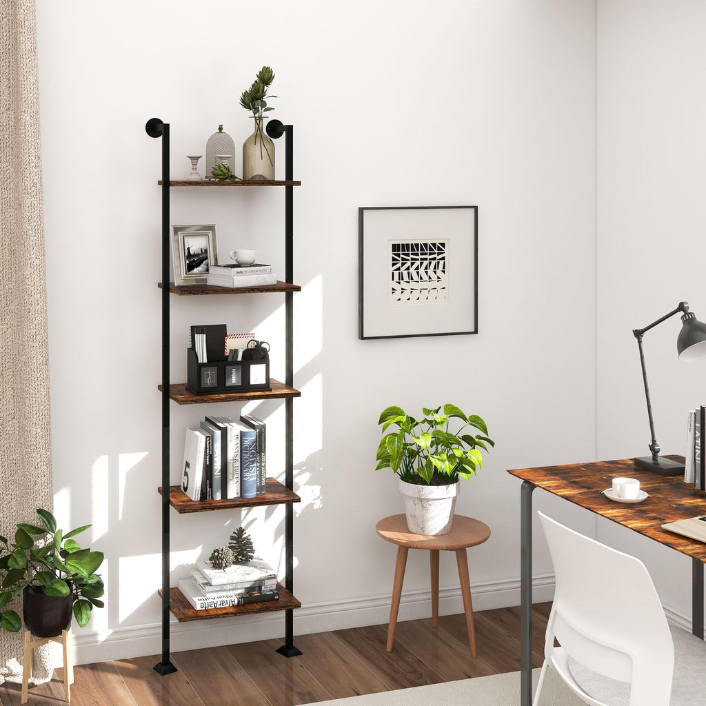 5-Tier Ladder Shelf Black Metal Frame Rustic Brown Q764450