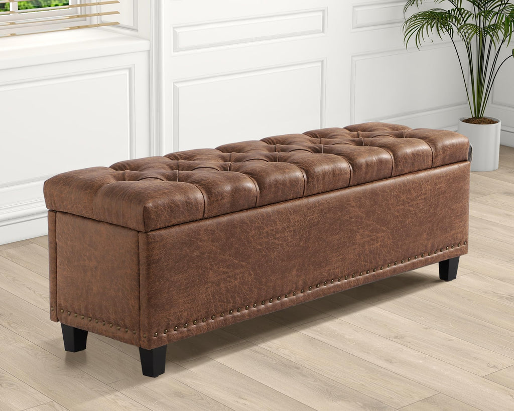 51" Brown Button-Tufted Storage Bench V933068