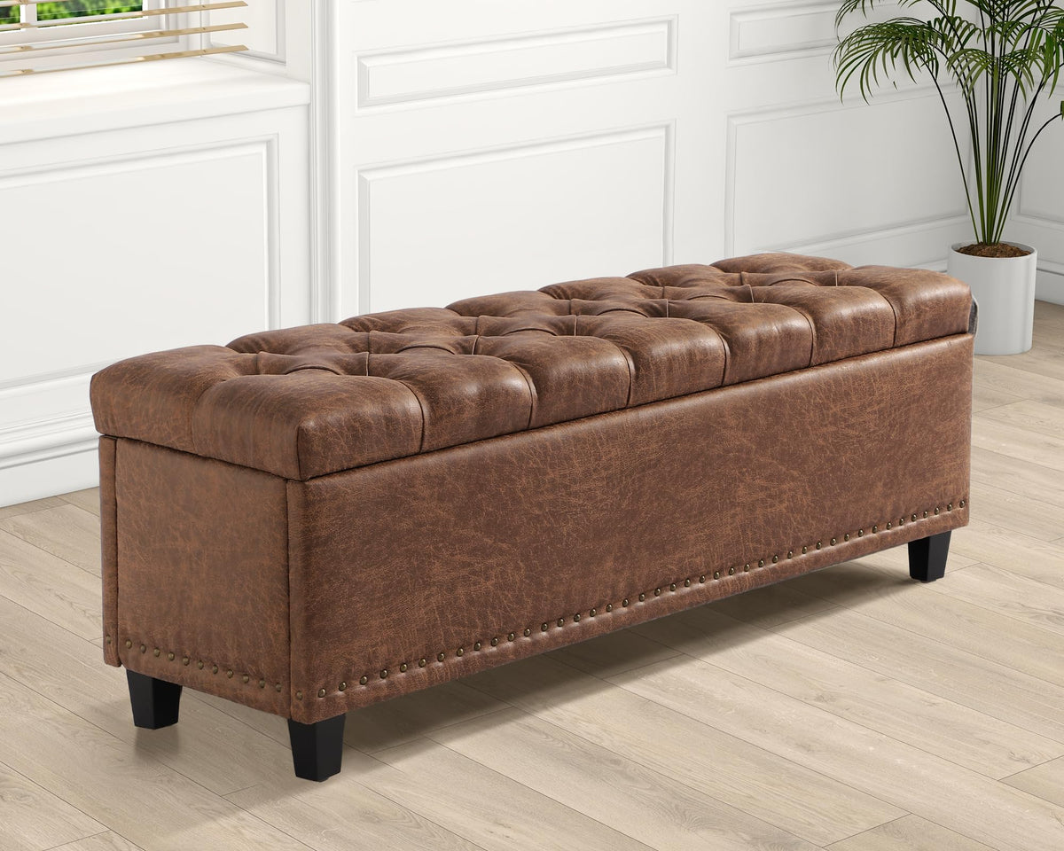 51" Brown Button-Tufted Storage Bench V933068