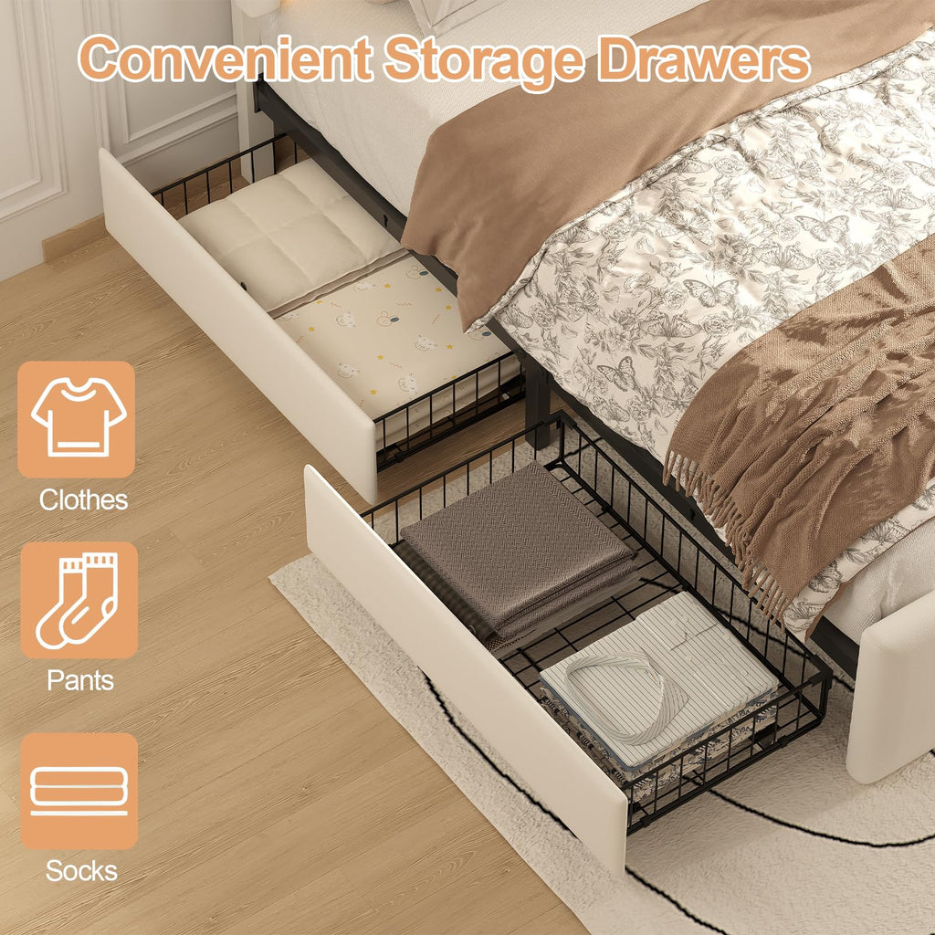 White Full Bed Frame with 4 Storage Drawers L827