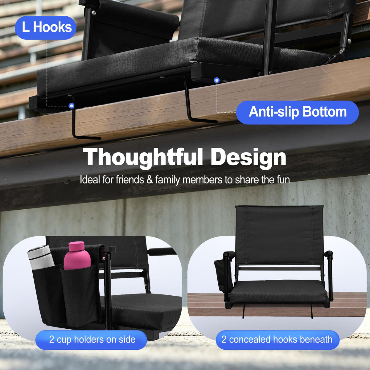 2 Packs Foldable Stadium Seats with Adjustable Backrest and Cup Holders Black F661796