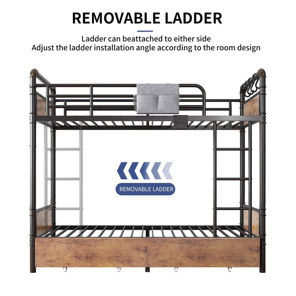Metal LED Bunk Bed Twin Over Twin with 2 Storage Drawers O8181