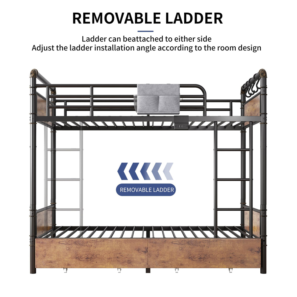 Metal LED Bunk Bed Twin Over Twin with 2 Storage Drawers O8181