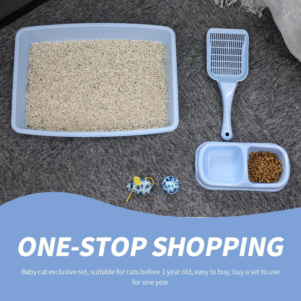 Cat Litter Box Set with Litter Scoop, Double Dish Cat Bowl, Mouse and Ball Toy L285