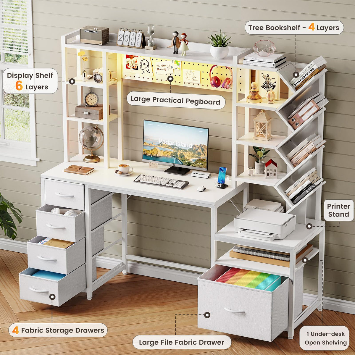 61.4" Computer Desk with Bookshelf, 5 Drawers, Hutch, Outlet, LED B1579